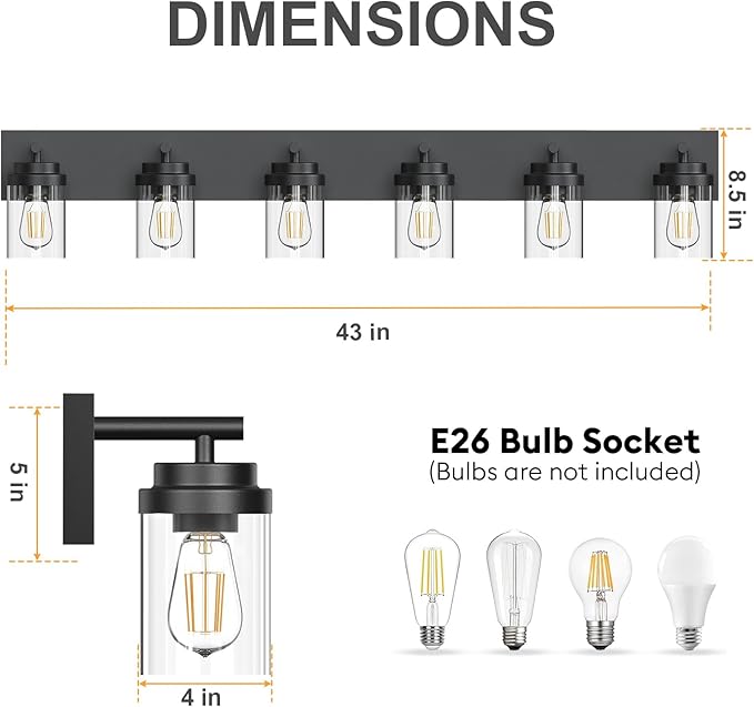 IZORRO Bathroom Vanity Light Fixture, 6-Light 43 Inch Matte Black Bathroom Light Fixtures Over Mirror, with Clear Glass Shade, Modern Farmhouse Vanity Lights, Rustic Restroom Lighting Fixtures