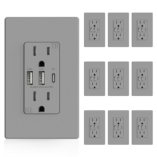 ELEGRP USB Outlets Receptacles, 3-Port Wall Outlet, 30W 6.0A Electrical Outlet, 15 Amp Tamper-Resistant Outlet with Type C Ports, UL Listed, Wall Plate Included, 10 Pack, Matte Gray