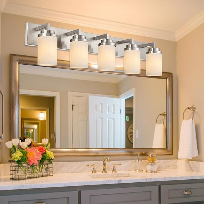 TODOLUZ Brushed Nickel Bathroom Light Fixtures, 5-Lights Modern Vanity Lighting Over Mirror, Farmhouse Wall Mount Lamp for Bedroom Kitchen