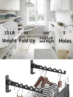 Dr.DJ Wall Hanger for Clothes, Coat Hanger Mounted Matte Black Retractable Clothes Drying Organizer Rack Garment Hooks Aluminium Folding Indoor Space Saver (2 Racks) Black