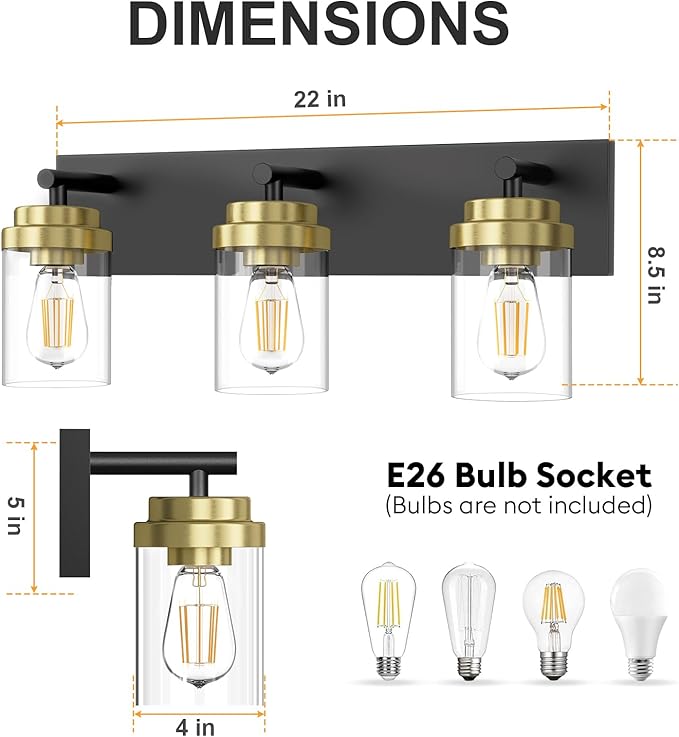 IZORRO Bathroom Vanity Light Fixture, 3-Light 22 Inch Black and Gold Bathroom Light Fixtures Over Mirror, with Clear Glass Shade, Modern Farmhouse Vanity Lights, Rustic Restroom Lighting Fixtures