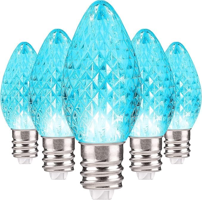Holiday Lighting Outlet Faceted C7 Christmas Lights | Teal LED Light Bulbs Holiday Decoration | Warm Christmas Decor for Indoor & Outdoor Use | 2 SMD LEDs in Each Light Bulb | Set of 25