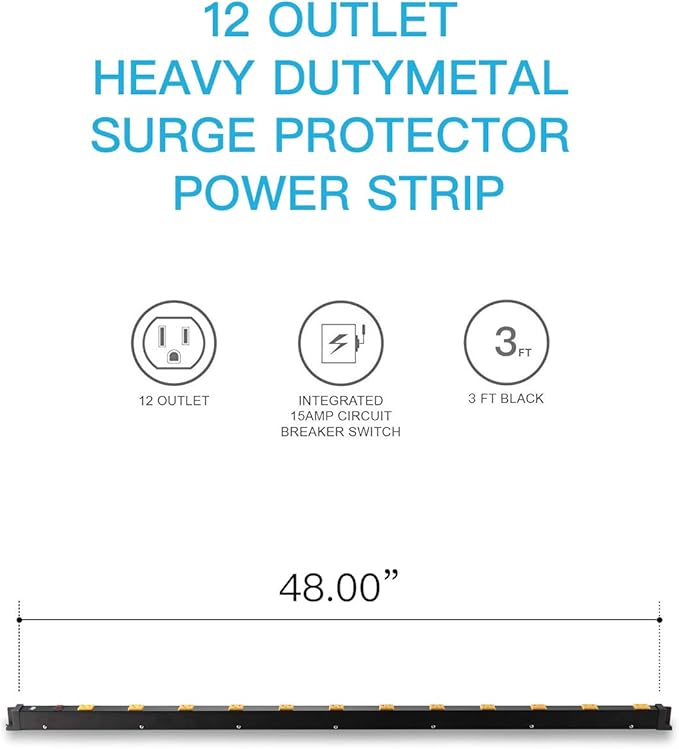 KMC 12 Outlet Heavy Duty Workshop Metal Power Strip with 3-Foot Long Extension Cord with Circuit Breaker, for Workshop and Industrial use, ETL Certified,Black
