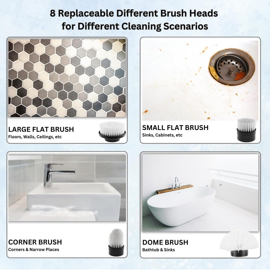 Electric Spin Scrubber, Cordless Cleaning Brush with 8 Replaceable Heads, Adjustable Handle, Dual Speed Power Scrubber for Bathroom, Bathtub, Floor, Tile, and Kitchen Cleaning