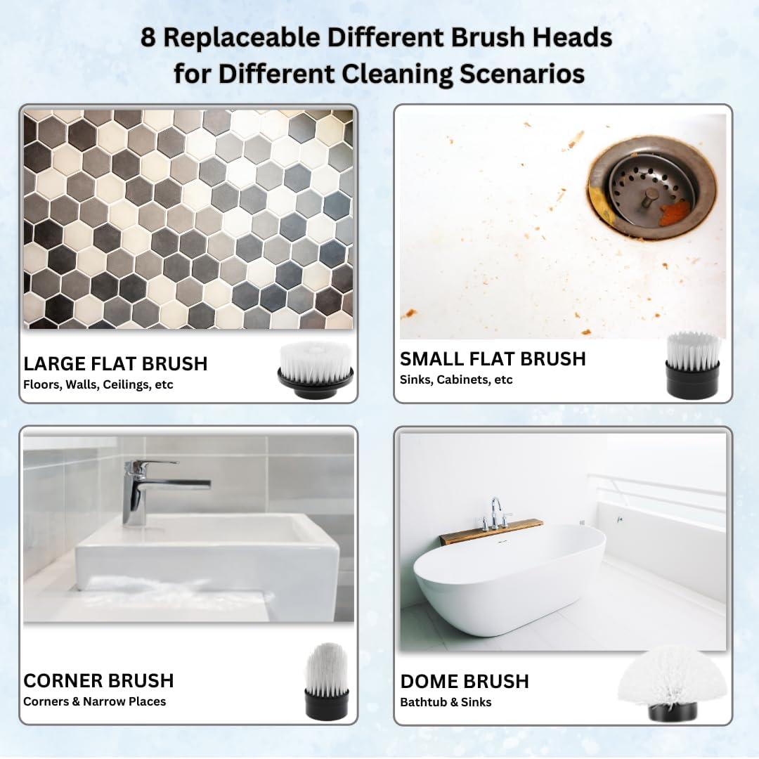 Electric Spin Scrubber, Cordless Cleaning Brush with 8 Replaceable Heads, Adjustable Handle, Dual Speed Power Scrubber for Bathroom, Bathtub, Floor, Tile, and Kitchen Cleaning