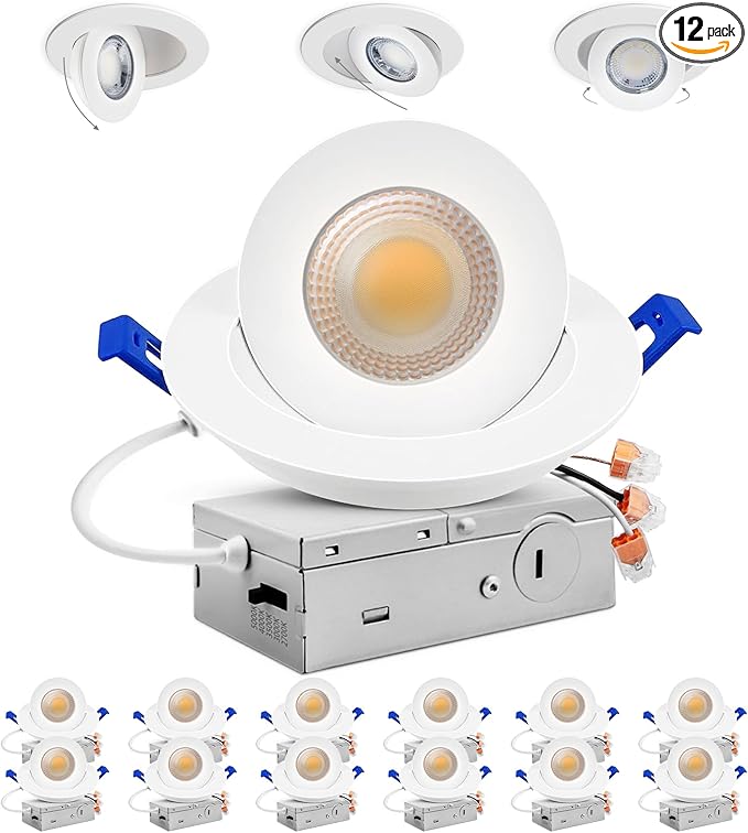 Adetu 4 inch Gimbal Led Recessed Lights, 360°+90° Adjustable Directional Recessed Lighting, 2700K/3000K/3500K/4000K/5000K Dimmable Retrofit Eyeball Can Lights with Jbox,ETL(White,12 Pack)