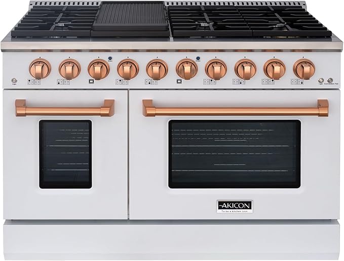 Akicon 48 Inch Freestanding Gas Range - 6.7 cu. ft. Double Rapid Convection Oven - Gas Stove with 8 Sealed Burners & a Griddle, Heavy Duty Cast Iron Grates (White & Copper)