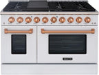 Akicon 48 Inch Freestanding Gas Range - 6.7 cu. ft. Double Rapid Convection Oven - Gas Stove with 8 Sealed Burners & a Griddle, Heavy Duty Cast Iron Grates (White & Copper)