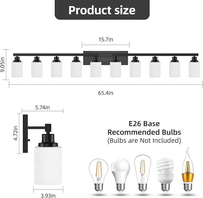 10 Light Bathroom Vanity Lights Over Mirror, 65.4 inch Black Vanity Lights Fixtures with White Glass Shades Matte Black Modern Vanity Lights Black Bathroom Wall Lighting for Mirror Bedroom
