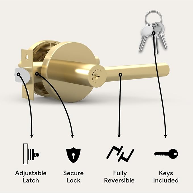 Mega Handles Ronn Entrance Entry Lever Door Handle Heavy Duty Round Locking Lever Set for Left or Right-Handed Doors, Interior/Exterior Door Levers - Satin Brass (2 Pack) Keyed Alike