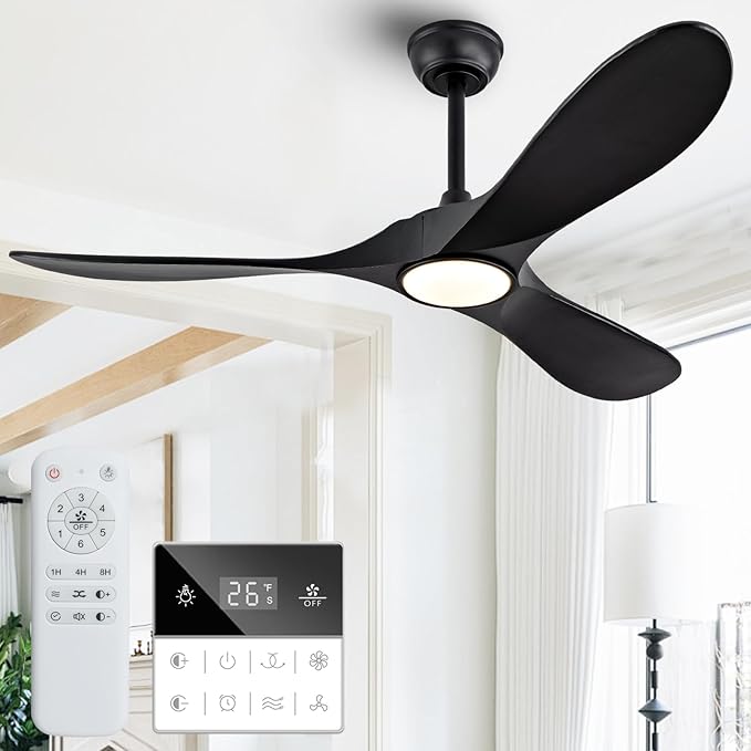 52 Inch Ceiling Fans with Lights and Remote, Dimmable 3 Blade Wood Outdoor Ceiling Fan Outdoor Fans for Patios Low Profile Modern Ceiling Fan with Light for Living Room Indoor Matte Black
