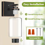 Set of 2 Wall Sconces for Bathroom, Modern Vanity Light Fixtures, Bronze Wall Mount Lighting Lanterns, Farmhouse Wall Lights with Clear Glass Shade for Bedroom Living Room Mirror Hallway Kitchen