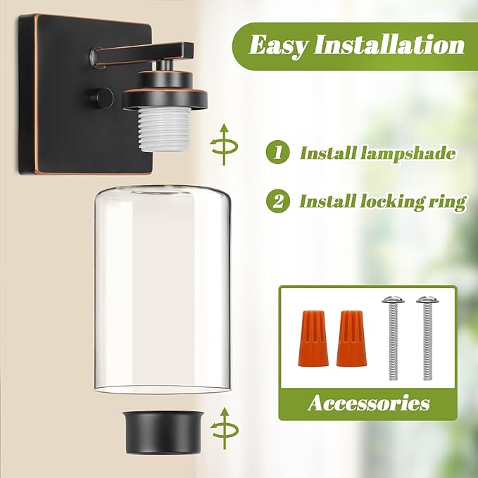 Set of 2 Wall Sconces for Bathroom, Modern Vanity Light Fixtures, Bronze Wall Mount Lighting Lanterns, Farmhouse Wall Lights with Clear Glass Shade for Bedroom Living Room Mirror Hallway Kitchen