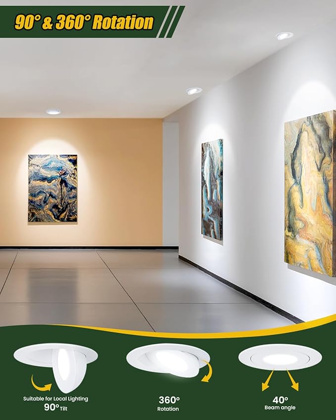 ZYC Gimbal LED Recessed Lighting - 4 Inch 5CCT 9W 360° Rotation Adjustable Eyeball Light,LED Swivel Spotlight,Directional Sloped Ceiling Light,Dimmable Canless Wafer Downlight Pack of 6 Black.