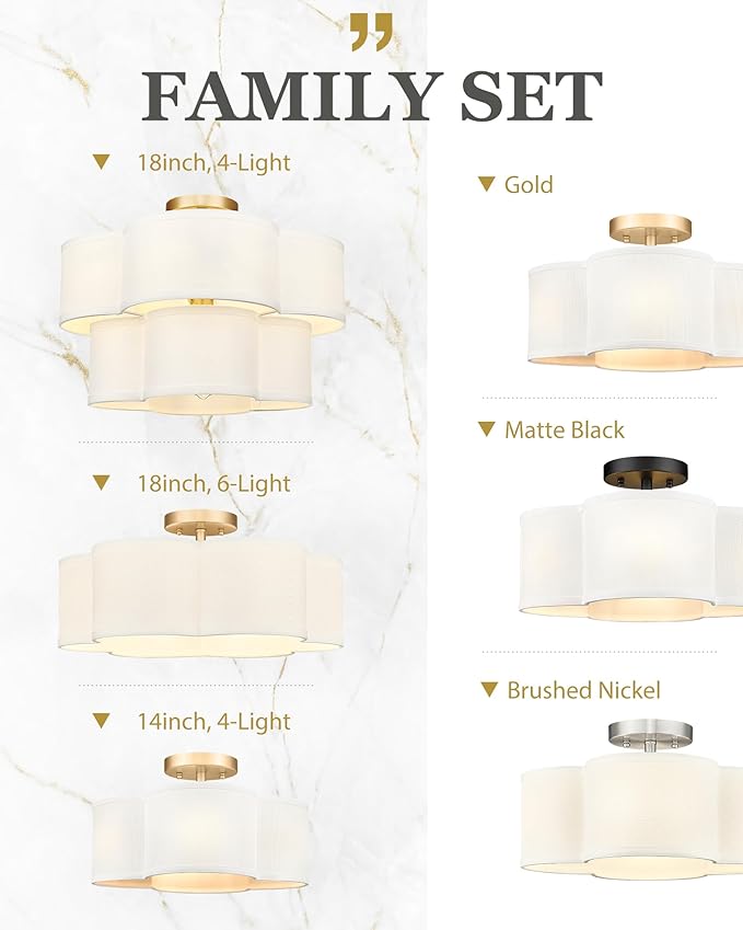 Gold Semi Flush Mount Ceiling Light, 5-Light 18" Ceiling Light Fixtures with Double Fabric Drum Shade in Quatrefoil Shape, Light Fixtures Ceiling Mount for Nursery Bedroom, AD-22007-5SF-GD