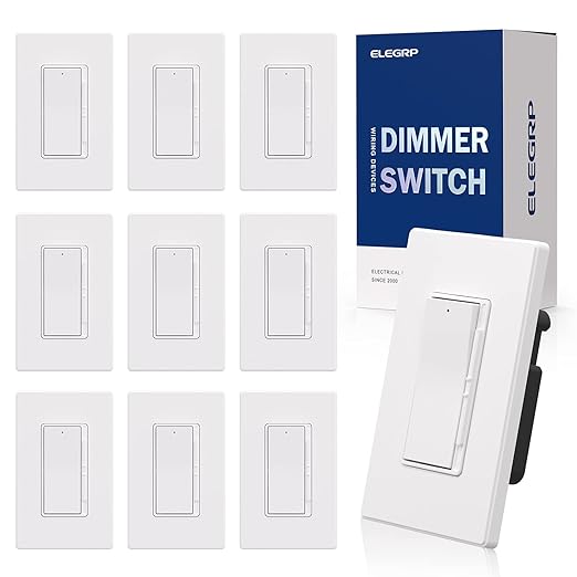 ELEGRP Dimmer Light Switch for 300W Dimmable LED/CFL Lights and 600W INC/HAL Bulbs, Single Pole/3-Way LED Slide Dimmer Light Switch, Wall Plate Included, UL Listed, 10 Pack, White