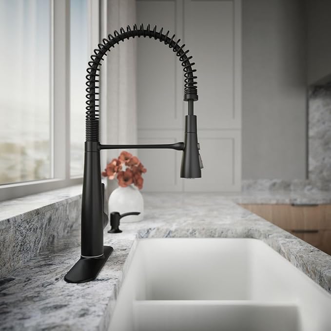 KOHLER K-REC22745-SD-BL Semi-Professional Kitchen Faucet with Soap Dispenser/Lotion Dispenser, Commercial Kitchen Sink Faucet with Pull-Down Sprayhead, Matte Black