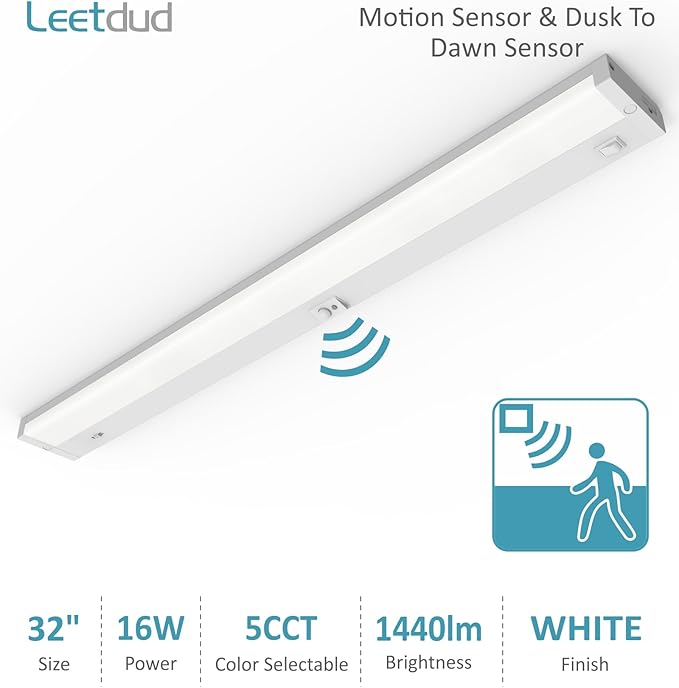 Under Cabinet Lighting Motion Sensor Hardwired, 32 Inch 16W Dimmable, 5 CCT 2700/3000/3500/4000/5000K, Eyes Care Design Linkable Under Counter Lights for Kitchen, Sink, ETL Listed, White