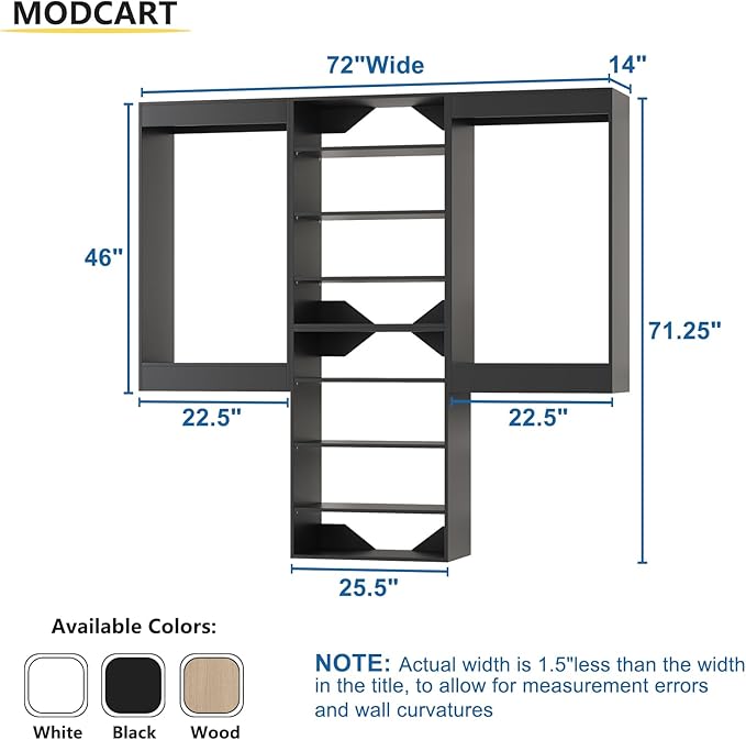 Modular Closet System, 72" Wide Closet Organizer System with Hanging and Towers, Wood Tower Closet Storage for Walk In Closets, Wall Mounted Wardrobe Organizer Kit System, Bedroom, Black