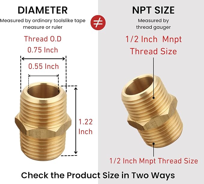 1/2 Inch x 1/2 Inch NPT Brass Hex Nipple Male Pipe Adapter, Thread 0.75" OD to 0.75" OD, (5 Piece)
