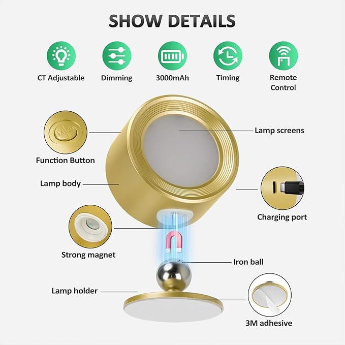 LED Wall Lights, Wall Lamp 3 Color Temperatures & Dimmable Magnetic 360° Rotation with Remote, Wall Sconces 2 Pcs with 3000mAh Rechargeable Battery, Cordless Wall Light for Reading Bedside Hallway