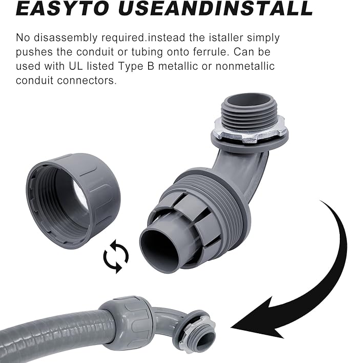 3/4 inch Liquid Tight Connector PVC Flexible Conduit Connector UL Listed Liquid Tight Connector Non-Metallic Electrical Conduit Fittings 30 Pack (15 Pcs 180D/15 Pcs 90D)