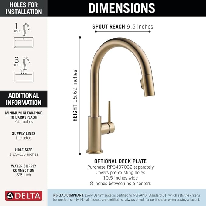 Delta Trinsic Brushed Gold Kitchen Faucet with Pull Down Sprayer, Modern Single Hole Kitchen Sink Faucet, Single Handle, Champagne Bronze 9159-CZ-DST