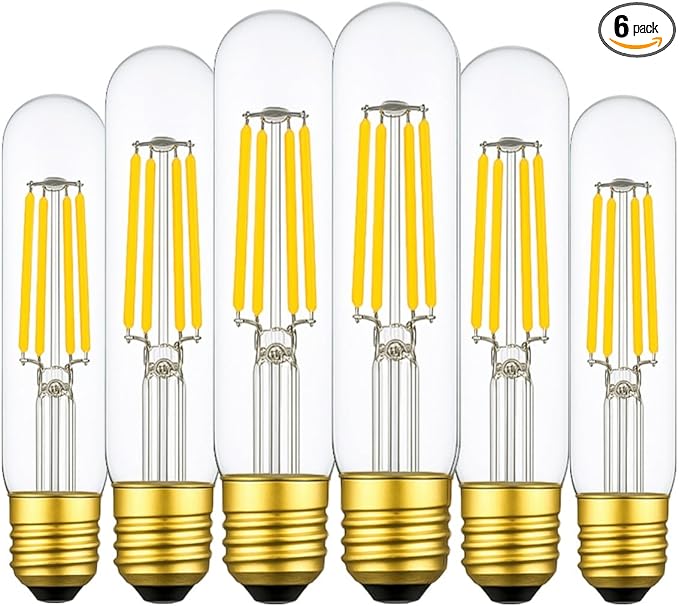 6 Pack T10 Tube Light Bulb,LED Edison Bulbs Warm White 2700K,E26 Base,4W Vintage Bulb 40 Watt Equivalent,Dimmable for Desk Lamp,Curio Cabinet,Chandeliers,Pendant Light