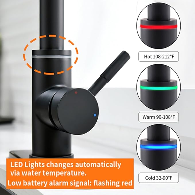 Smart Kitchen Faucet, 3 Modes Pull Down Sprayer, Touch On Sensor Activated, LED Temperature Control, 360-Degree Rotation, 1 or 3 Hole Deck Plate. 10-Year Warranty. (KW-70R, Matt Black)