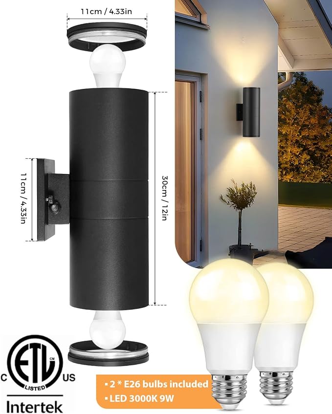 SHIMR Modern Outdoor Wall Lights Dusk to Dawn, Up and Down Light with LED Bulbs Include, Cylinder Matte Black Outdoor Sconce Lights Exterior Lighting Fixtures for House Porch Garage [ETL Listed]