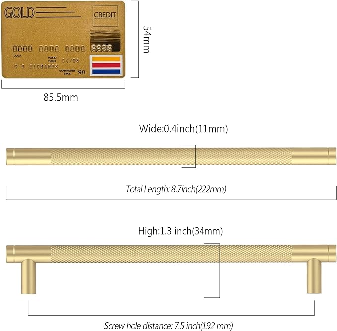 Amerdeco 10 Pack Gold Knurled Cabinet Pulls 7.55 Inch Center to Center Kitchen Cabinet Handles for Drawer Dresser, Cupboard and Wardrobe ZH0031