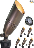 MALORY Brass Landscape Spotlights 6-Pack with Bulb Kit(S02), Low Voltage 12V AC/DC LED Outdoor Spot Uplights for House and Tree,PVC Ground Stake and Wire Connector Included, 5W 2700K Warm White