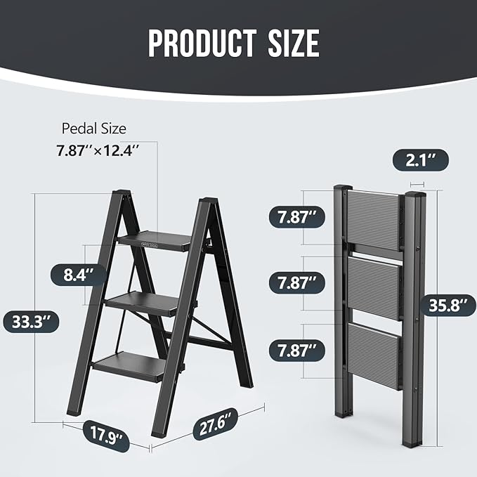 WOA WOA Step Ladder, Portable Lightweight Home Ladder, Folding Step Stool with Widening Pedals, Kitchen Stepladder, Space Save, Easy to Store, 300 lbs Capacity (3 Step, Black)