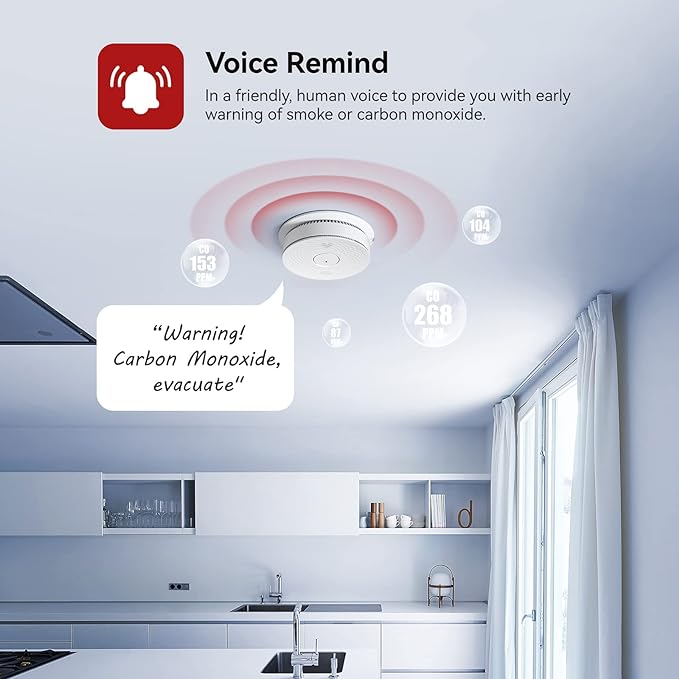 Smoke and Carbon Monoxide Detector Combo with Voice Alert, Dual Sensor Fire and CO Alarm with LED Light and Test Button, Auto Check, Battery Operated, UL 217 & UL 2034 Standards, 5 Pack