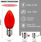 10 Pack Christmas Replacement Red Bulbs,Outdoor Individual LED Bulbs for Events, Holiday Parties, Patios C7/E12 Candelabra Base,Shatterproof Plastic