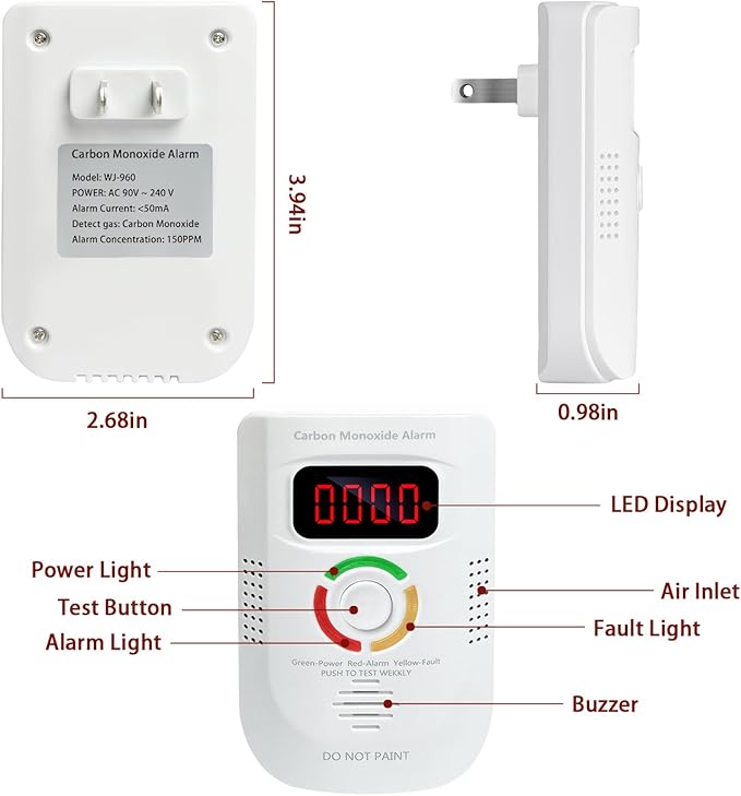 Carbon Monoxide Detectors Plug in,Portable Co Detector with LED Digital Display and 85 Decibel Alarm, Carbon Monoxide Alarm for Home,RV,Travel,Tested to UL 2034 Standards (2 Pack)
