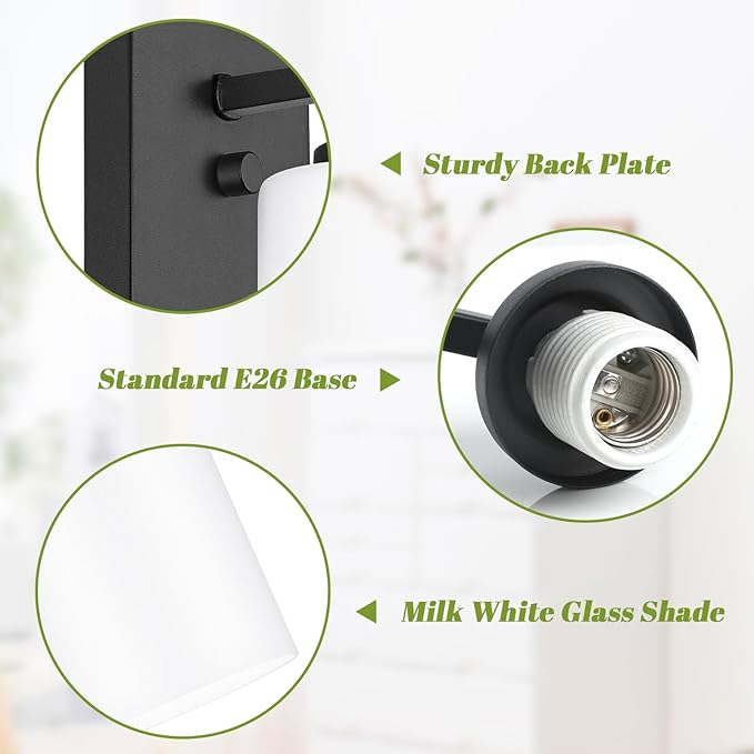 Set of 2 Wall Sconces for Bathroom, Modern Vanity Light Fixtures, Matte Black Wall Mount Lighting Lanterns, Farmhouse Wall Lights with White Glass Shade for Bedroom Living Room Mirror Hallway Kitchen