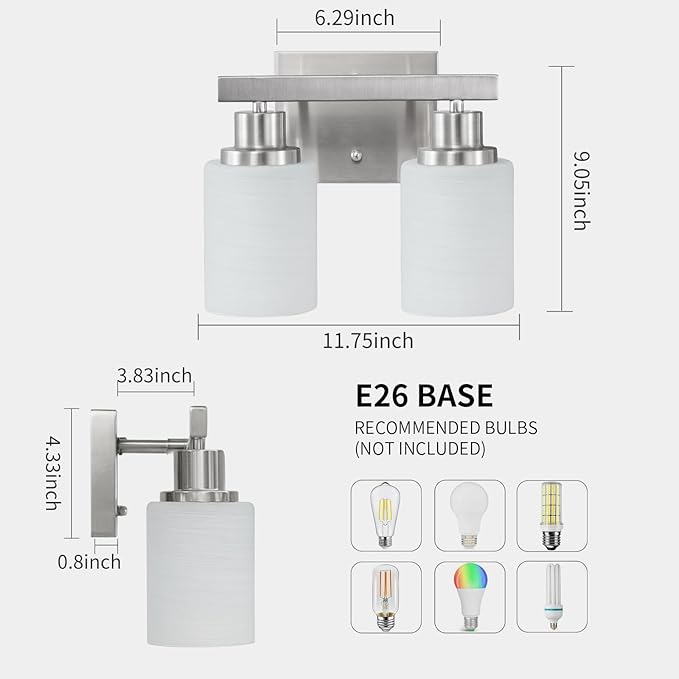 Bathroom Light Fixtures Over Mirror, 2-Light Modern Nickel Vanity Lights with White Glass Shade, Bathroom Wall Lamp Sconces for Mirror Bedroom, Living Room Hallway Small Space