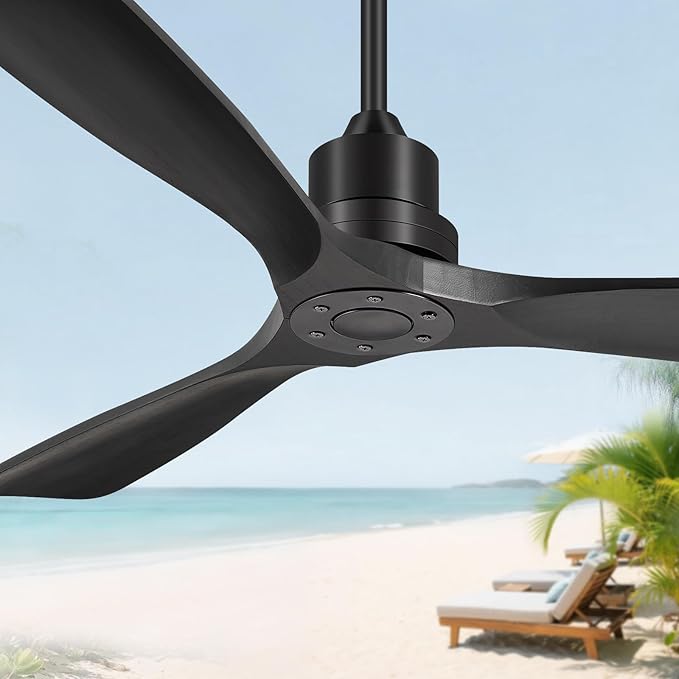52 Inch Ceiling Fans Without Lights, Outdoor Ceiling Fan No Light, 3 Wood Blades, 3 Downrods, Timer, 6 Speeds Modern Ceiling Fan with Remote Reversible DC Motor for Patios, Matte Black
