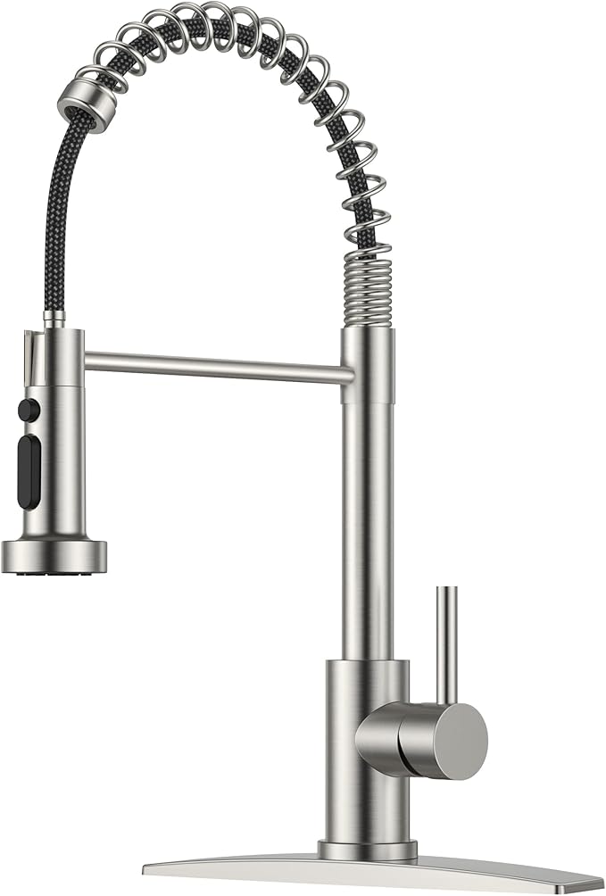 FORIOUS Kitchen Faucet with Pull Down Sprayer, Brushed Nickel Stainless Steel Single Handle Classic Spring Commercial Sink Faucet for RV Camper Bar Farmhouse Laundry