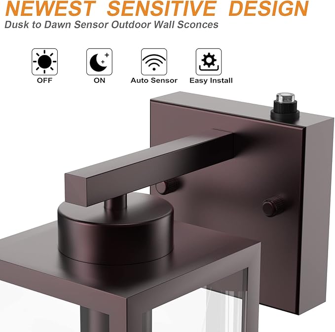 Tipace Dusk to Dawn Outdoor Wall Lantern,Brown Sensor Exterior Light Fixtures,Exterior Wall Sconce with Clear Glass Shade for Doorway Entryway Garage 2 Pack (Bulb Not Included)