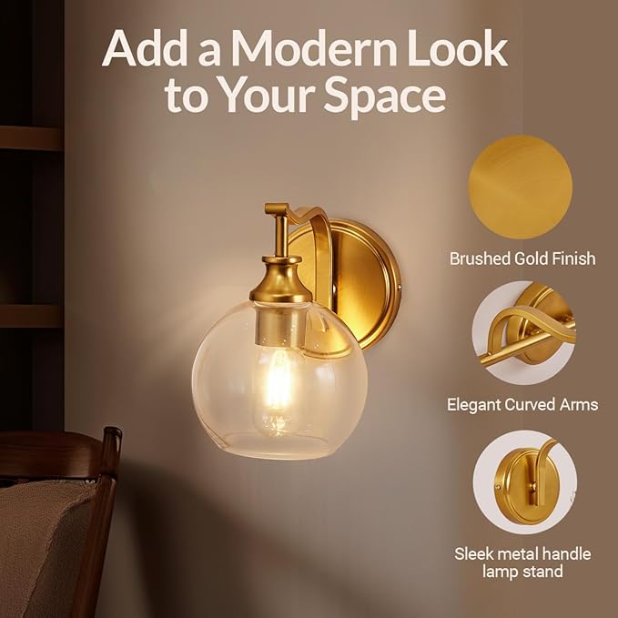 ANDY STAR Brushed Gold Bathroom Light Fixtures, Brass Vanity Lights for Mirror, 1-Light Bathroom Wall Sconces Lighting with Globe Clear Shade Up or Down Wall Mounted for Kitchen, Living Room, Hallway