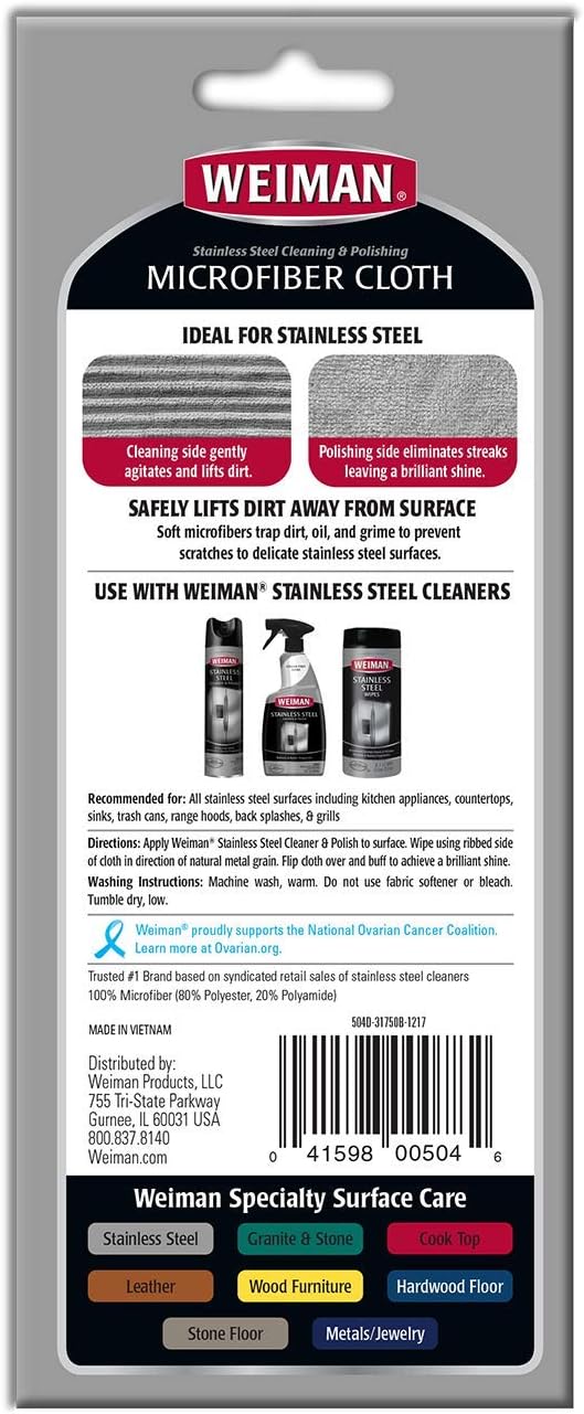 Weiman Microfiber Cloth for Stainless Steel - Safely Traps and Removes Dirt, Oil and Grime to Protect From Scratches 1.40" x 3.56"