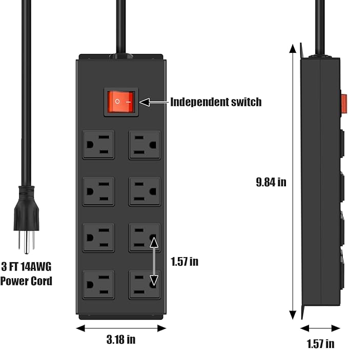 HHSOET Metal Magnetic Power Strip, 8 Outlet Mountable Socket, Wall Mount Heavy Duty Surge Protector, Catering for Your Every Need, Gaming Table Outlet with 3 FT Power Cord.(Black)