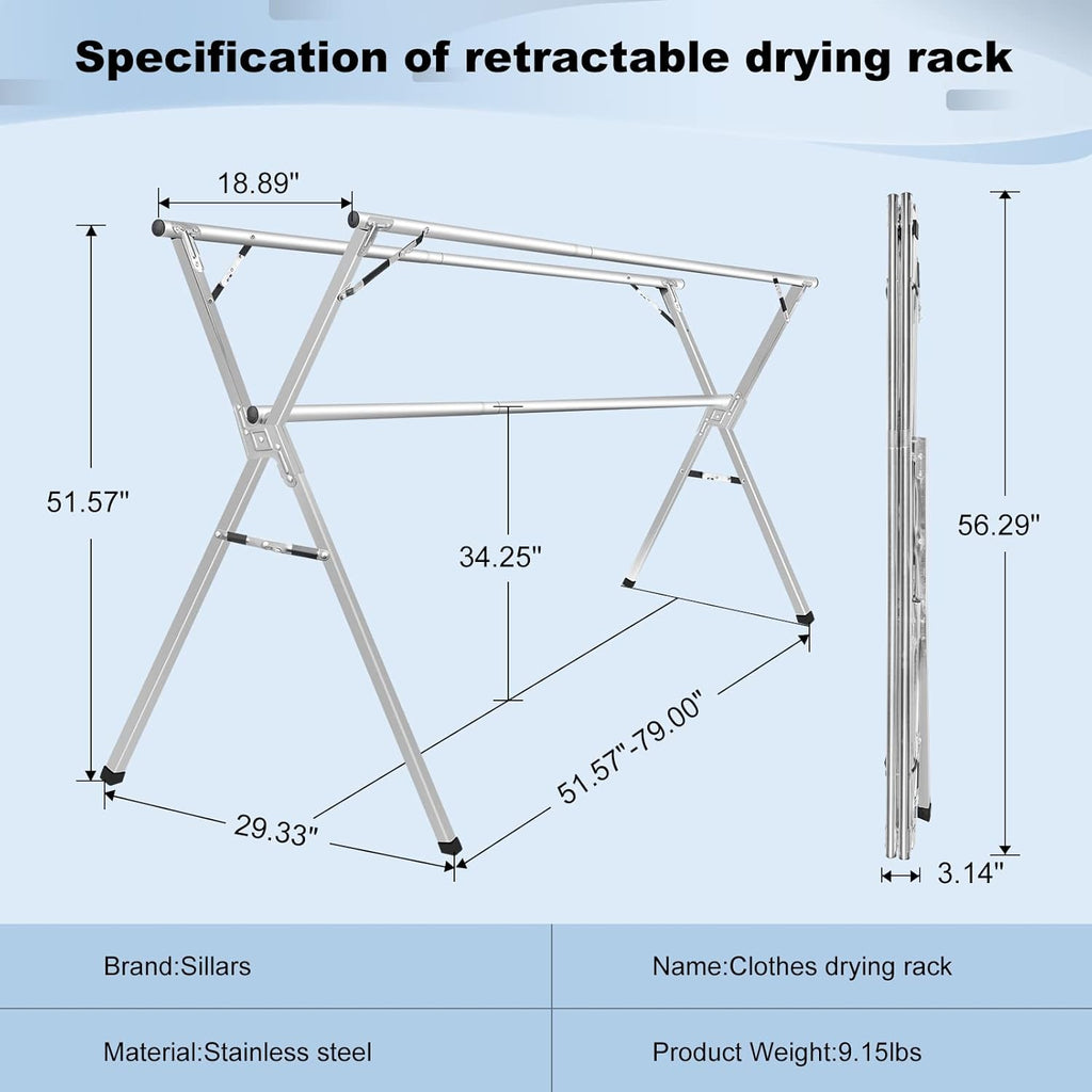 Sarahipe Sillars Clothes Drying Rack, 94.5 inches Laundry Drying Rack Clothing Foldable & Collapsible Stainless Steel Heavy Duty Clothing Drying Rack with Windproof Hooks for Indoor Outdoor