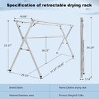 Sarahipe Sillars Clothes Drying Rack, 94.5 inches Laundry Drying Rack Clothing Foldable & Collapsible Stainless Steel Heavy Duty Clothing Drying Rack with Windproof Hooks for Indoor Outdoor