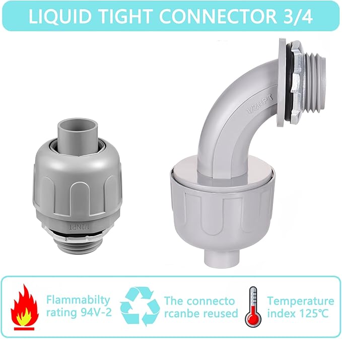 32 Pack 1/2 Inch Liquid Tight Connector NPT Non-Metallic PVC Electrical Flexible Conduit Fittings, UL Listed 16Pack 90D and 16 Pack 180D, Grey