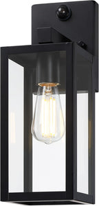 GRUENLICH Dusk to Dawn Large Outdoor Wall Lantern, PIR Motion Sensor Wall Sconce, E26 Base Max 60W, Metal Housing Plus Glass, Matte Black Finish, Bulb Not Included, 1-Pack