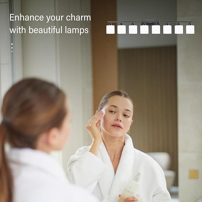 8 Light Black Bathroom Light Fixtures Over Mirror for Big Mirror, Modern Bathroom Lighting with Milky White Frosted Glass Shades,51 inch Lights for Vanity for Mirrors, E26