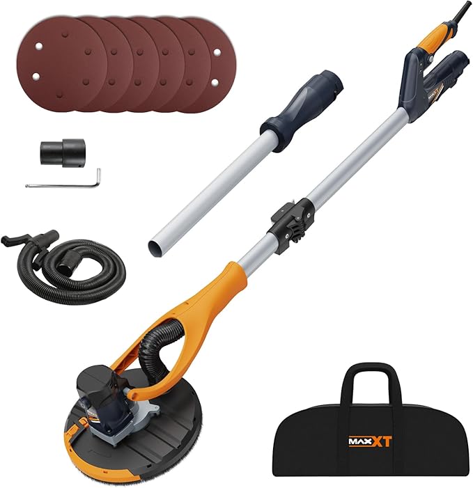 MAXXT Drywall Sander, Lightweight Popcorn Ceiling Removal Tool, 5 Variable Speed Foldable Telescopic Electric Drywall Sander, 800-1700RPM Vertical Power Ceiling Sander With 6pcs SandPapers, Bag
